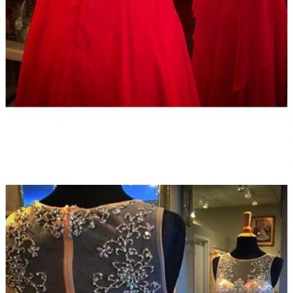 Red Sleeveless Beaded Floor Length Long Prom Dress..