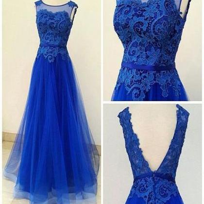 Charming Blue Prom Dresses, Blue Lace And Tulle..
