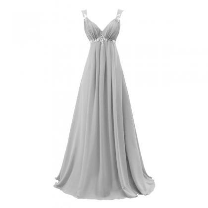 Chic Light Gray V Neck Long Prom Dress, Beaded..