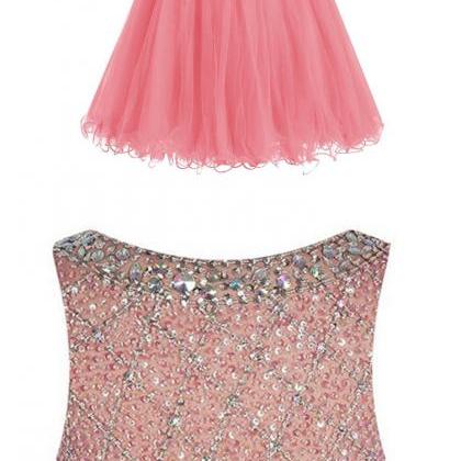 Bateau Neck Illusion Pink Short Prom Dress,..