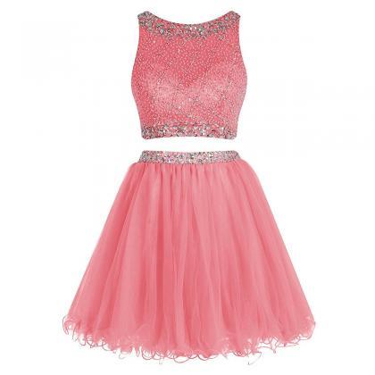 Bateau Neck Illusion Pink Short Prom Dress,..