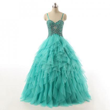 Spaghetti Straps Lace-up Beaded Long Prom Dress,..