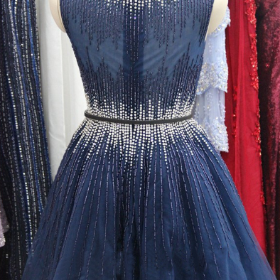 Elegant Sleeveless Navy Blue Short Prom Dress..