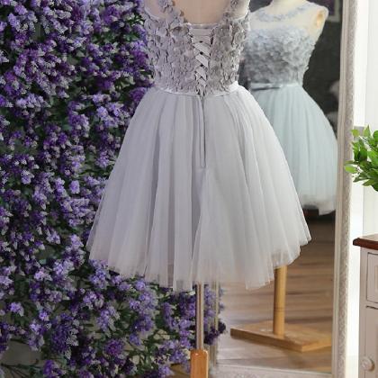 Elegant Gray Prom Dresses,tulle Flower Beaded Prom..