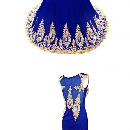 Prom Gown,pretty Royal Golden Illusion Scoop Neck..