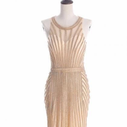 Robe De Soiree Halter Gold Evening Party Dress..