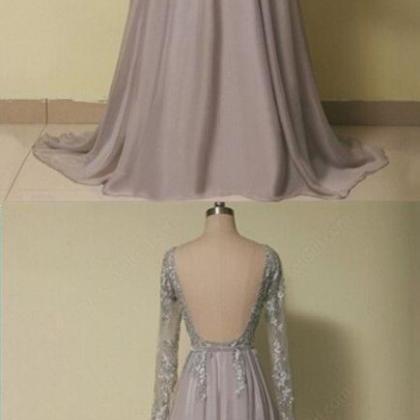 Gray Prom Dresses,backless Prom Dress,long Sleeves..