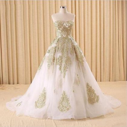 Elegant White And Gold Lace Prom Dresses,ball Gown..