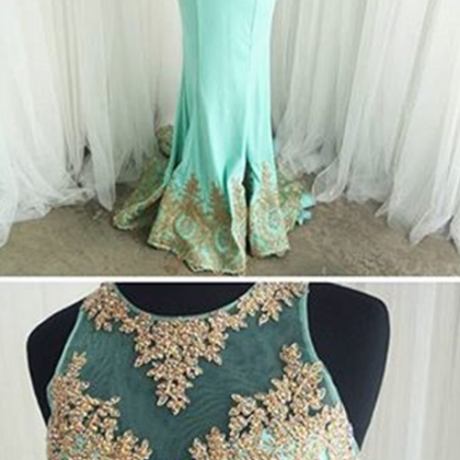 Mint Prom Dresses Gold Lace Appliques Mermaid..