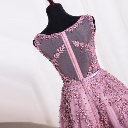 Prom Dress,a-line Pink Tulle Lace Long Prom..