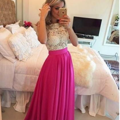 Elegant Lace Prom Dresses,pink Chiffon White Lace..