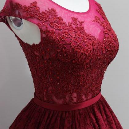 Burgundy High Low Prom Dresses With Illusion..