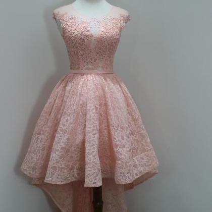 Pink Sheer Neck High Low Prom Dresses Long Elegant..