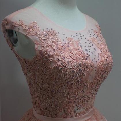 Pink Sheer Neck High Low Prom Dresses Long Elegant..