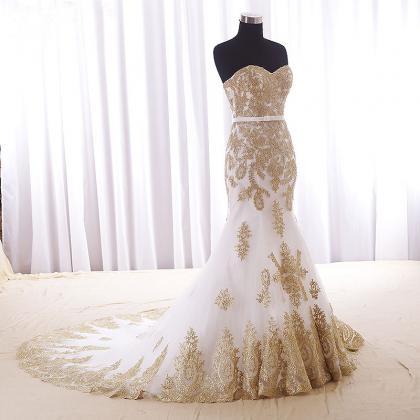 Real Wedding Dress,gold Lace Appliques Bridal..