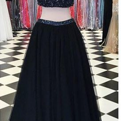 Long Two Pieces Beaded Prom Dresses High Neck..