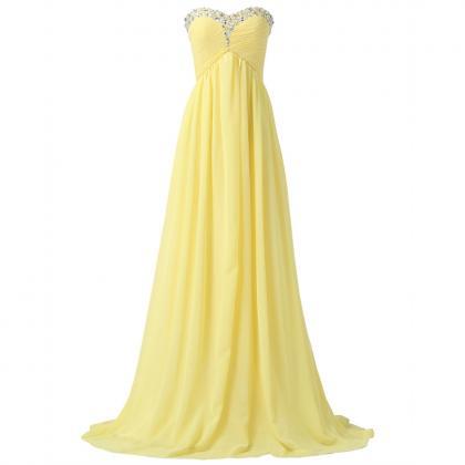 Elegant Long Chiffon Bridesmaid Dress Yellow..