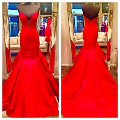 Red Dresses,sweetheart Long Satin Mermaid Evening..