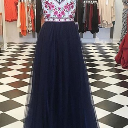 Modern Halter Floor-length Navy Blue Prom Dress..
