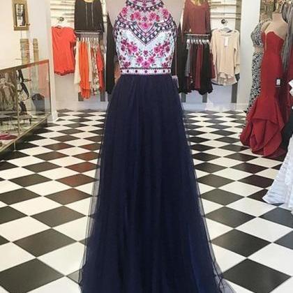 Modern Halter Floor-length Navy Blue Prom Dress..