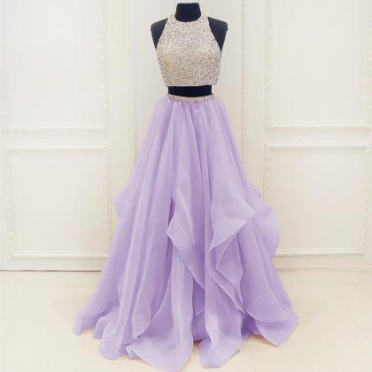 Lavender Two Piece Prom Dress,a Line Tulle Prom..