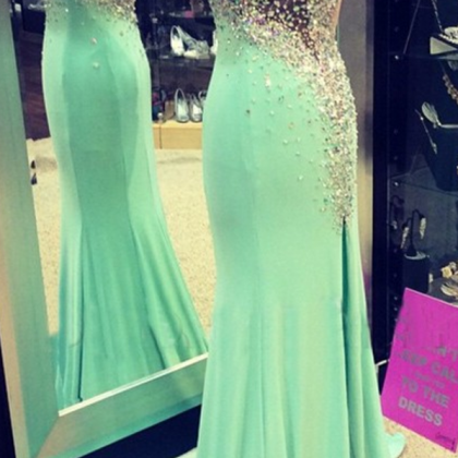 Glamorous Prom Dress -Mint Sheath One-Shoulder Dress With Beaded on Luulla