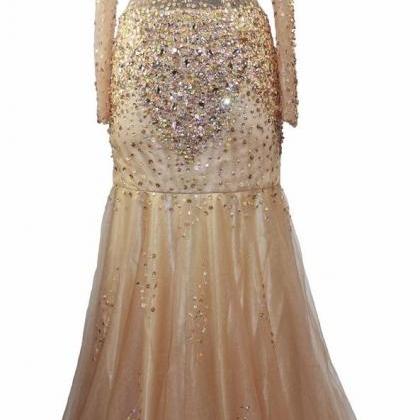 Illusion Women Prom Dresses With Gold Beaded..
