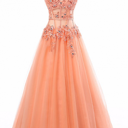Long Prom Dress 2017 Coral Appliques See Through..