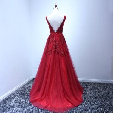 Red A-line Prom Dress,long Prom Dresses,lace Prom..