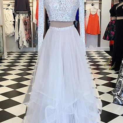 Two Piece A-line High Neck Long Sleeves Asymmetry Tiered White Prom ...