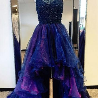 Unique Halter Sleeveless High Low Tiered Royal..
