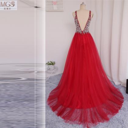 Soft Tulle Actual Photo 2017 Red A-line V-neck..