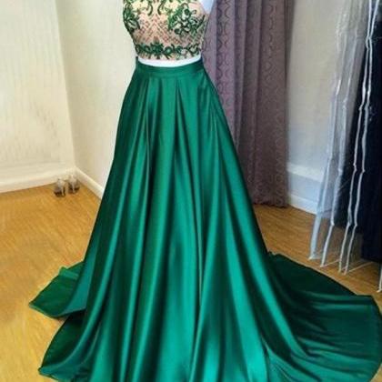 A-line Green Jewel Sweep Train Prom Dress With..