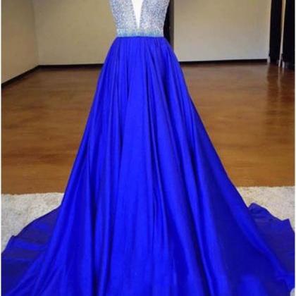 Deep V-neck Sweep Train Royal Blue Prom Dress With..
