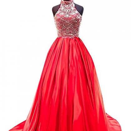 Two Pieces A Line Beading Satin Prom Dress