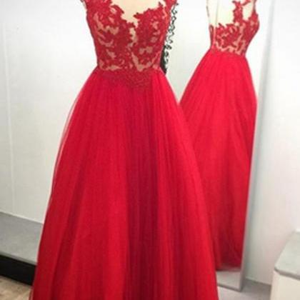 Red Tulle See-through Round Neck Lace Applique..