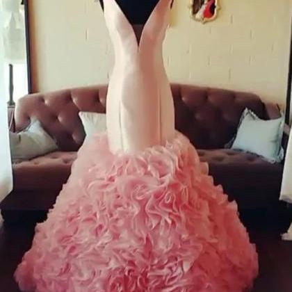 Pink Organza V-neck Slim Mermaid Long Prom Dress