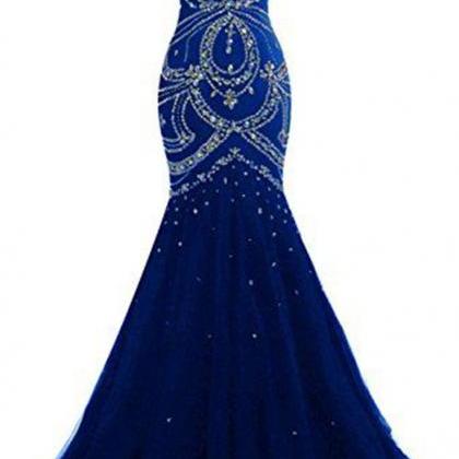 Navy Blue Tulle Sweetheart Sequins Beaded Backless Mermaid Long Prom ...