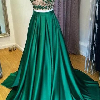 Green Satins Lace Two Pieces Beading A-line Long..