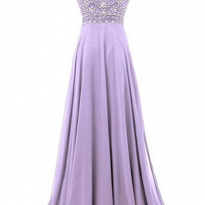 Chiffon Round Neck Sequins Beaded A-line Long Prom..