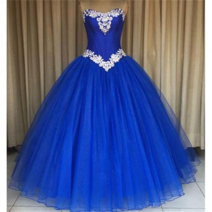 Royal Blue Prom Formal Gowns Strapless Applique..