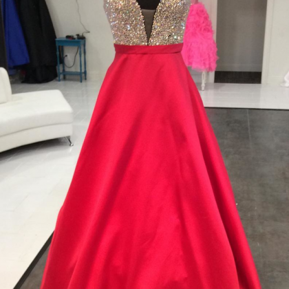 Red Satin Long Prom Dresses Sparkly Beaded V Neck..