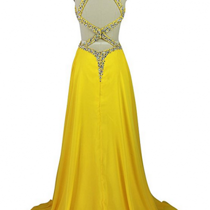 Sexy A Line Backless Formal Gowns Yellow Prom..