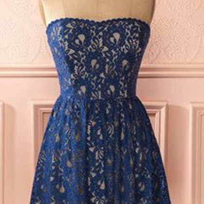 Blue Strapless Lace Short Homecoming Dress,..