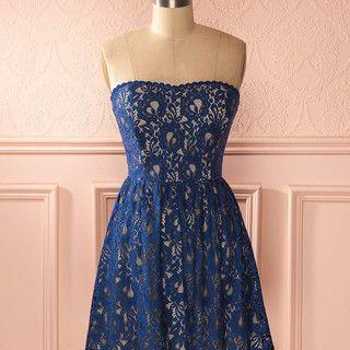 Blue Strapless Lace Short Homecoming Dress,..