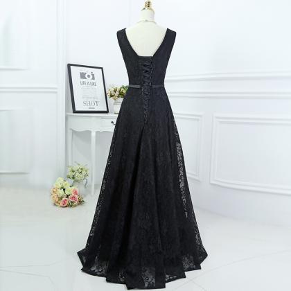Black Lace Evening Formal Dress V Neck Sash A Line..