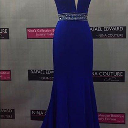 Royal Blue Pluging V Neck Prom Dreess,fitted Open..
