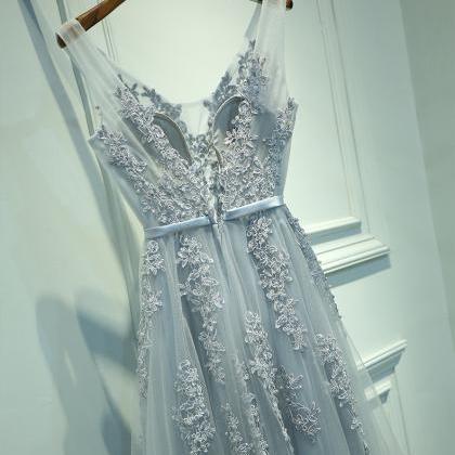 A-line V-neck Sleeveless Gray Long Prom Dress With..