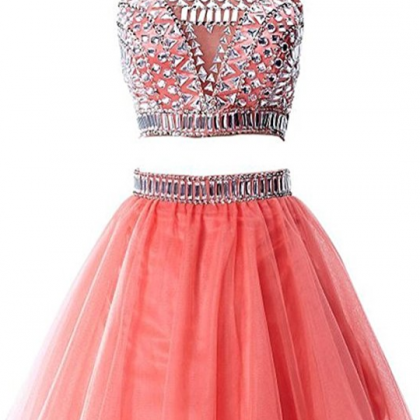 Two Pieces Homecoming Dress Halter Beaded Prom..
