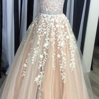 Champagne Tulle Lace Sweetheart A-line Long..